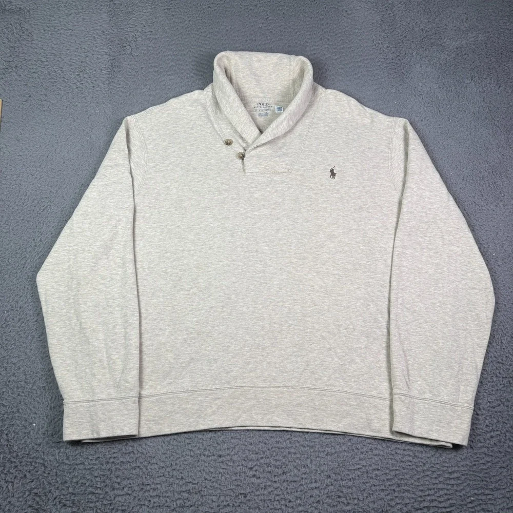 Polo Ralph Lauren Sweatshirt Mens XL Cream Shawl Collar Sweater Preppy Pony